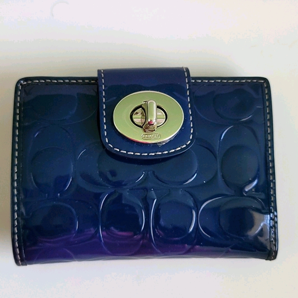 Coach Turnlock Embossed Navy Patent Leather Wallet